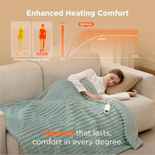 Image of Bedsure Heated Blanket Electric Throw - Thick Striped Flannel Electric Blanket, Heating with 4 Time Settings, 6 Heat Settings, and 3-Hour Timer Auto Shut Off, Gift for Grandma (50x60 inches, Green)