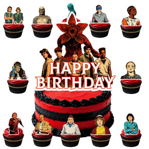25 Pcs TV Series Character Happy Birthday Cake Toppers Horror Theme Cake Topper Includes 1 Happy Birthday Topper and 24 Dessert Decorations.