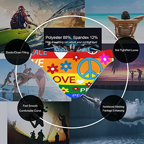 Dallonan Men Swim Brief Bikini Striped Rainbow and Peace Sign Love Hearts Flowers Beach Bikini for Men Swim Underwear Large