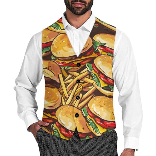 Hamburgers French Fries Novelty Men's Suit Vest Casual Formal Dress Vests Business Waistcoat