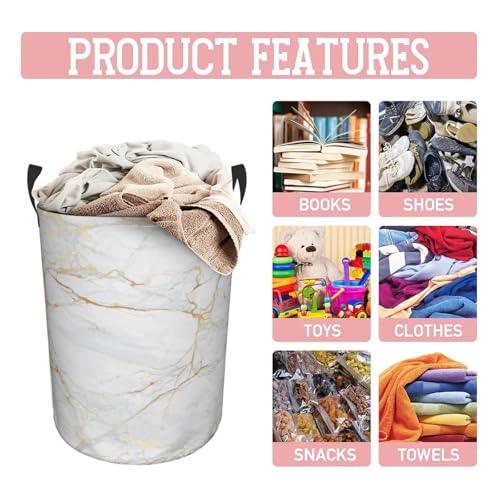 Image of Marble Print Round Laundry Hamper Storage Basket Toys Clothes Organizer Bin For Home Bathroom Bedroom Dorm Nursery, 62l
