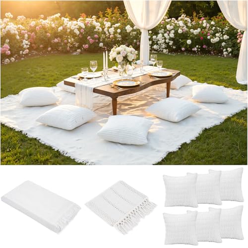 Extra Large Outdoor Boho Picnic Blanket with Table Runner and 6 Throw Pillows Covers Wedding Party Decoration Photoshoot Home Garden Party Decor Patio Lawn Outdoor Mat Beach Party theme Supplies White
