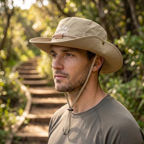 Image of Kraptick Wide Brim Sun Hat for Men - UV Protection Safari Cap for Trekking, Fishing, Hiking & Outdoor Adventures - Breathable Boonie Hat with Adjustable Chin Strap