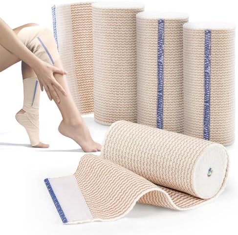 Cotton Elastic Bandage, 4 Rolls 4in x 15ft Elastic Compression Wraps with Velcro Closure, Elastic Sport Support Bandage for Wrists, Legs, Knees, Ankles, Elbows, Shoulders