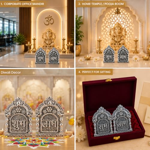 Image of DIVINITI 999 Silver-Plated Shubh Labh Decorative Idol Set with Gift Box|Vastu-Compliant Symbol of Prosperity, Wealth & Positive Energy|Home Temple, Entrance Decor, Diwali & Housewarming Gift|1 X 8 cm