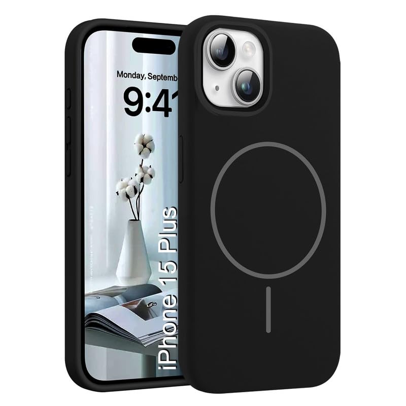 Image of LuxuryKase Silicone Magnetic Case for iPhone 15 Plus | Soft Microfiber Lining | MagSafe Support | Shockproof Protective Cover | Precise Cutouts | Slim Fit Design - Black