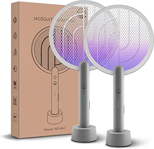 Electric Fly Swatter Racket, Mosiller 4000V 2 in 1 Bug Zapper with USB Rechargeable Base, Powerful Mosquitoes Trap Lamp & Fly Killer with 3-Layer Safety Mesh for Home, Bedroom, Kitchen, Patio（2 Pack）