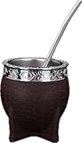 Mate Imperial Argentino Kit Mate, Taza de te Acero Inoxidable, With Straw Tea Gourd Mug One Bombilla (Straw), Wrapped Handmade Leather Ideal for Gift and Travel (brown)
