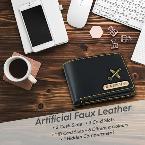 Image of Personalized Leather Wallet for Men with Name & Charm | Vegan Leather Wallet with Free Engraved Metal Keychain | Custom Gift for Husband, Brother, Boys