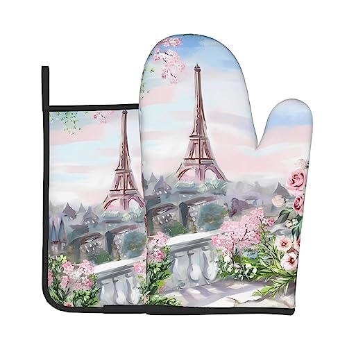 Eiffel Tower Paris View Oven Mitts And Pot Holders Set Heat Resistant Oven Glove And Potholder Kitchen Microwave Gloves For Baking Bbq Grilling Cooking Oven Mitts #TOP4
