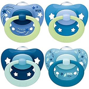 NUK 10225007 fopspeen set van 42 x signature & 2 x signature nachtsilicone6-18 maandenkaakvriendelijke vormmet lichteffectjongens, 6-18, meerkleurig