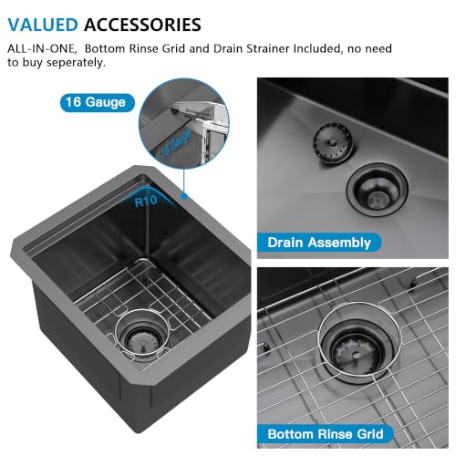Image of 13 inchx15 inch Black Bar Prep Sink Undermount Workstation | Gunmetal Black NANO-PVD 16 Gauge T304 Stainless Steel Single Bowl Under Counter Basin for RV Kitchen Wet Bar Prep Station