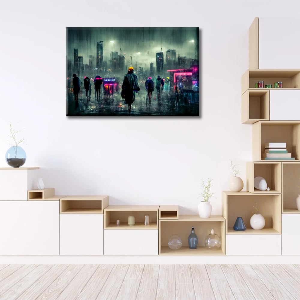 Cyberpunk City Neon Streetview Night Picture Wall Decor Posters and Prints 1 Panels Cyberpunk Style Wall Decor for Bedroom Posters and Prints Stretched and Framed Ready to Hang (16" Wx24 H) - Image 3