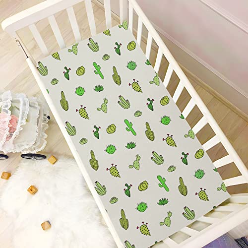 Image of Fitted Crib Sheets Cactus Beige Stretchy Portable Playard Sheets for Baby Toddler, Breathable Soft Mini Crib Mattress 52 x 28 in for Boys and Girls