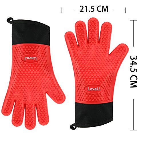 Image of Kitchen Oven Gloves - Dual-Layer Heat Resistant Grilling Gloves, Silicone Oven Mitts with 5 Fingers, Waterproof Non-Slip Pot Holder for Barbecue, Cooking, Baking (Red, Long)