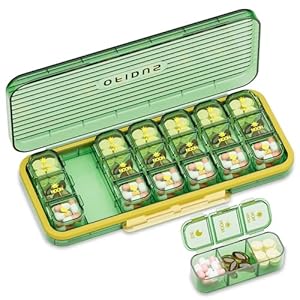 OFIDUS 21 Cellen 3 Keer per Dag Wekelijkse Pillenorganizer – Vochtbestendig Dagelijks Schattig Pillendoosje, Verwijderbare cel 21 Dagen Pillendoosje voor Reizen en Sieraden (Groen)