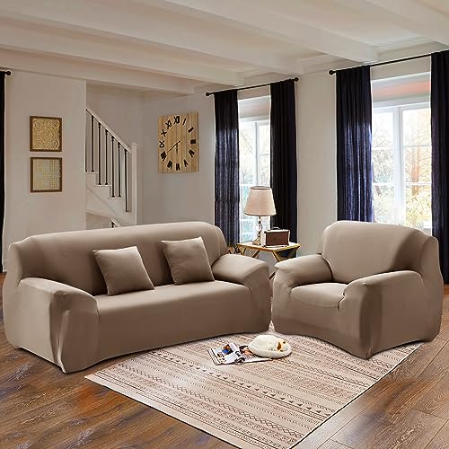 Figooo Copridivano 4 Posti Elasticizzato Copridivano Con Braccioli A Tinta Unita Copridivano Fantasia Lavabile Spandex Fodera Per Divano Universale Antiscivolo Copertura Per Divano,Marrone Rossastro - 5