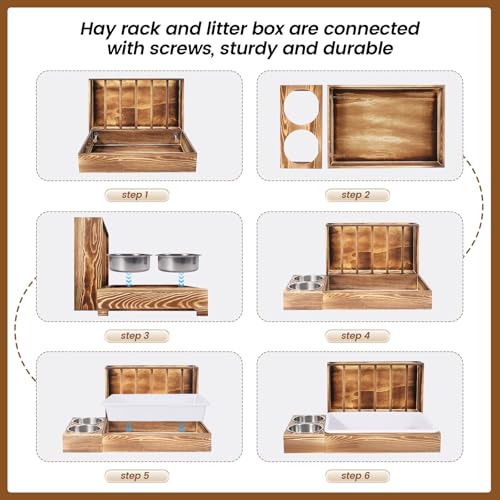 MOGOULUA 3 in 1 Heuraufe Kaninchen Holz Futterspender Heu Kaninchen mit Katzentoilette für Hamster Hölzerner Hasenfutterautomat Heuhaltergestell für kleine Haustiere(Geröstete Farbe)