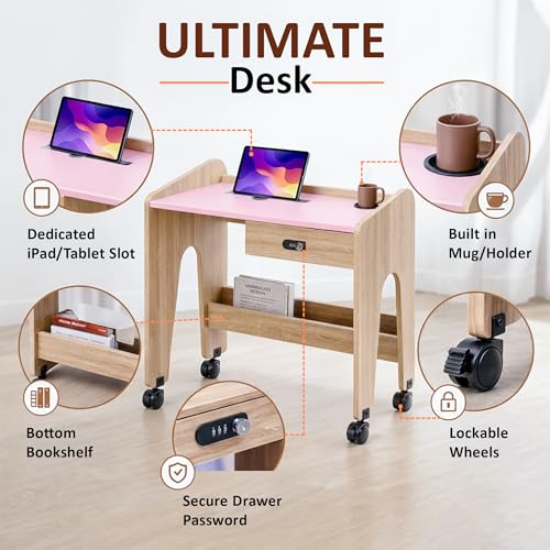 Image of Alex Daisy Movers Kids Study Desk with Lockable Wheels, Scratch-Resistant Top, Lockable Drawer, iPad Slot & Cup Holder | Compact Kids Study Table with Storage Shelf (Pink)