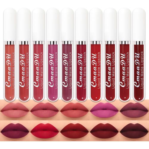 Image of evpct 10Pcs Liquid Matte Matt Lipstick Set for Black Women, Dark Deep Bright Ruby Sexy Brick Mauve Plum Red Violet Purple Matte Lipstick Long Lasting Lipstick 24 hour Waterproof Lip Gloss