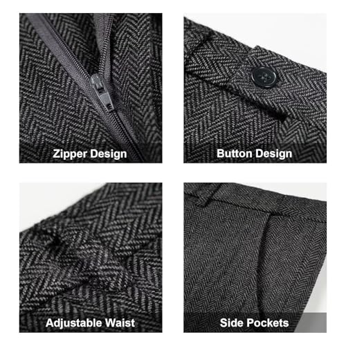 Image of Retro 3 Piece Suit Tweed Herringbone Men's Suits Slim Fit Groom Tuxedos Set Prom Brown Grey Jacket Blazer Vest Pants