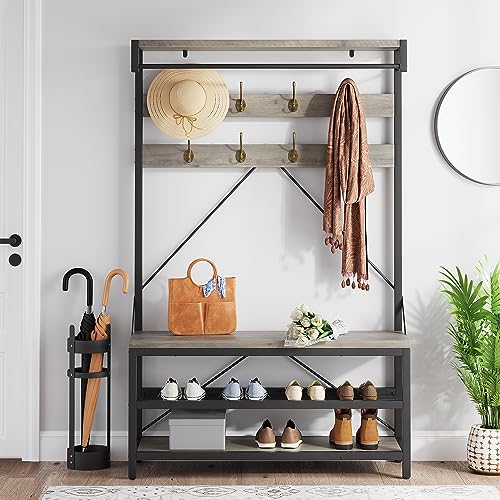IDEALHOUSE Coat Rack Shoe Bench Industrial Hall Tree Storage Bench for Entryway Wood Look Accent Large Shoe Rack with Storage Shelf Hanging Bar, 8 Hooks Grey 39.9"x15.7"x72"
