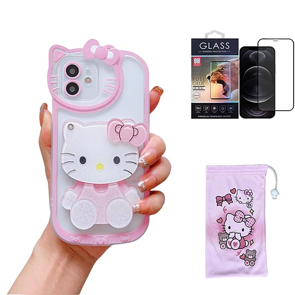 Cartoon Case for iPhone 14 6.1'' Extra HD Screen Protector,Cute Phone Case with Makeup Mirror,Kawaii Cat Phone Cases,Funny Cool Unique Protective Cover for Women Girls Kids (Pink)