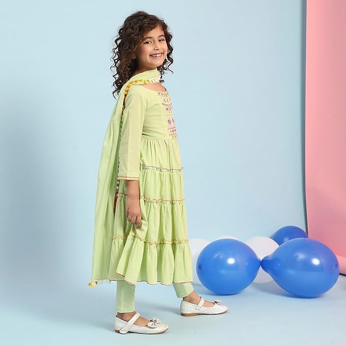 Image of Biba Girls 3 /4 Sleeve 100% Cotton Round Neck Kurta Set