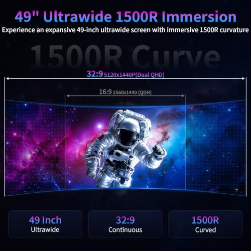 Image of Deco Gear 49 inch Curved Ultrawide DQHD Monitor, 5120x1440 165Hz 1500R, USB-C 65W KVM, HDR Adaptive Sync, Dual HDMI 2.1, DP 1.4, Speakers, Ergonomic, American Seller