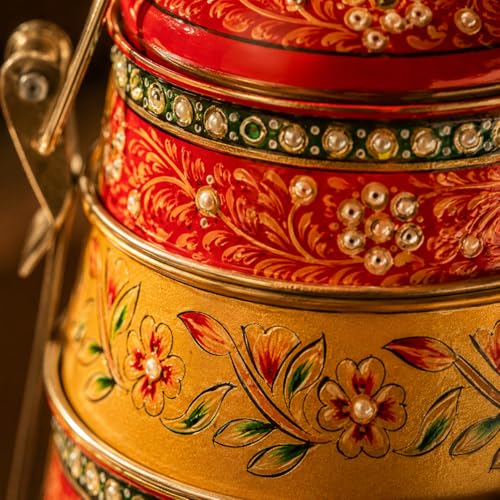 Image of iHandikart Handpainted Decorative Lunch Box Tiffin | Multiple Tier Stainless Steel Food Box | Designer Indian Print Tiffin for School | Diwali Gift, Navratri Gift (Color - Multicolor)