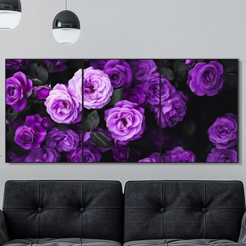 紫色の薔薇の絵紫バラの絵花絵。キャンバスに描かれた壁掛けアートプリントで、アルミニウム合金フレーム付き。耐久性のある頑丈なバックボードを使用しており、厚さ2.5cm、サイズ40x30cmの3枚セットです。