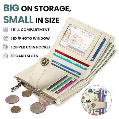 Image of Small Wallet for Women, RFID Blocking Bifold Card Holder Wallet with 10 Card Slots, Cash Compartment, Zipper Coin Pocket & ID Window, Cute Soft Vegan Leather Compact Wallet, Mushrooms Grove
