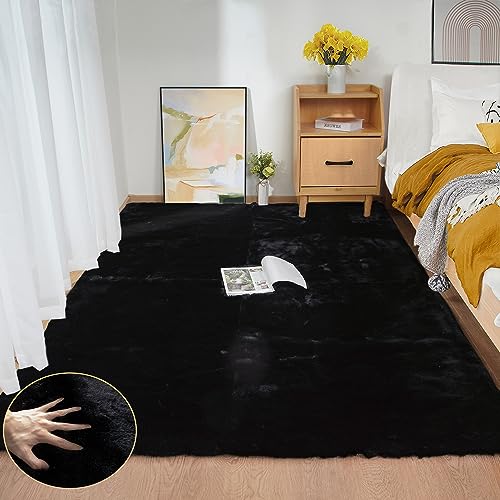 Black Fluffy Rug 5x7 Area Rugs for Bedroom Fuzzy Rabbit Washable Fur Rugs for Living Room Teen Room Nursery Rectangle Rug