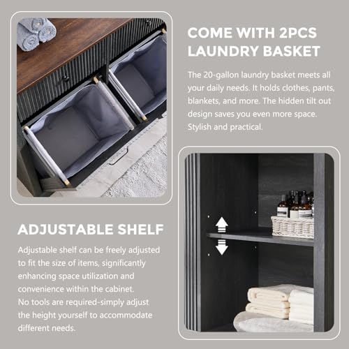 Image of IFBUY Triple Tilt Out Laundry Hamper Cabinet, Trash Can Cabinet, Grey