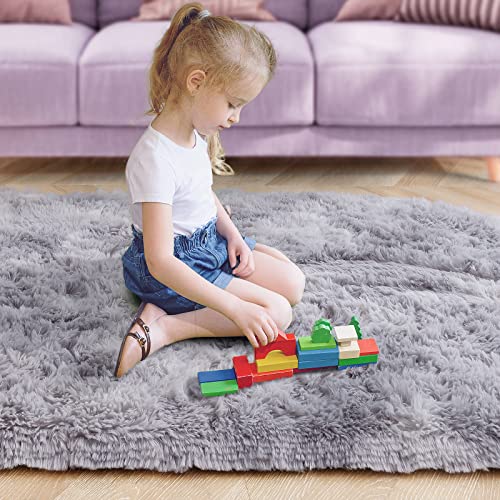 Qxkaka Fluffy Oval Rug Small Bedside Rug For Bedroom, Machine Washable Rug For Living Room, Non Slip Fuzzy Rug For Kids Room Girls Boys Nursery, Plush Modern Carpet, 2.6'X5.3' Tie Dye Grey #TOP1
