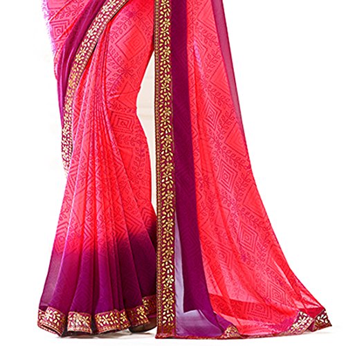 Image of RAJESHWAR FASHION WITH RF Women's Floral Printed Georgette Sarees For Women With Jacquard Work Lace Border & Blouse(Pink Red Free Size 6.30 Mtr)