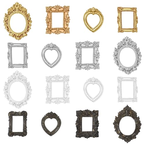Heclia Lot de 16 petits cadres miniatures en feuille d'or - Mini cadres esthétiques pour loisirs créatifs, affichage de bijoux, cadre photo gothique,...