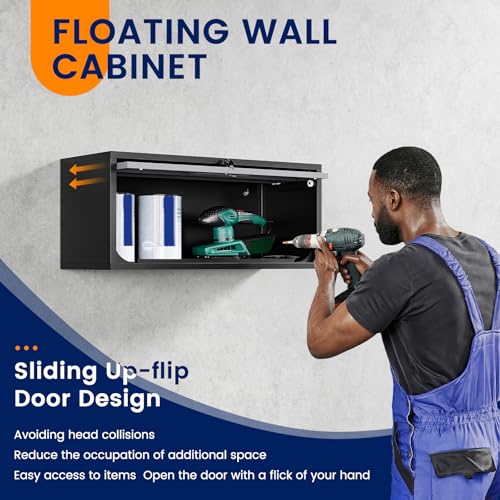 Image of Yizosh Metal Garage Wall Cabinet with Doors, Wall Mounted Metal Storage Cabinet, Floating Garage Tool Cabinet for Garage, Basement, Kitchen, Warehouse (Black Gray, 13.7 inch H)