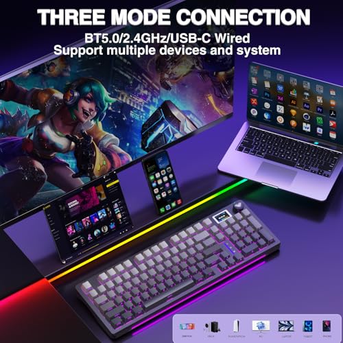 AULA S98 Pro Wireless Mechanical Keyboard with Screen & Knob,2.4GHz/USB-C/BT5.0 Hot Swappable Creamy Keyboard,Pre-lubed Linear Switches,Side Printed PBT Keycaps,RGB Backlit Gaming Keyboards - Image 5