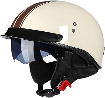 Motorcycle Half Helmets with Drop-Down Lens DOT Approved Motorcycle Helmet Quick Release Buckle Open Face Helmet for Adults Men and Women Beige; Brown Stripe