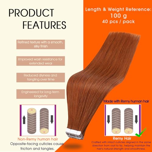 Image of Full Shine Tape in Hair Extensions Human Hair Color 550 Copper Brown Tape in Extensions 20Inch Natural Straight 100G 40Pcs for Wedding Add Volume