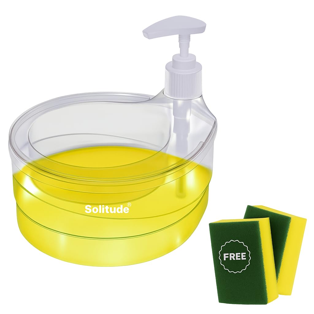 Solitude Double Layer Soap Dispenser with 2 Sponges for Bathroom Accessories Dishwasher Liquid Holder Liquid Dispenser Pump with Sponge Holder Kitchen Sink Accessories Items (Transparent)