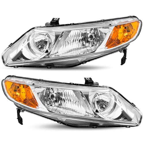 JSBOYAT Headlight Assembly Pair Replacement for 2006-2011 Honda Civic Sedan 4-Door Halogen Headlamp Chrome Housing Amber Reflector (Passenger & Driver Side)