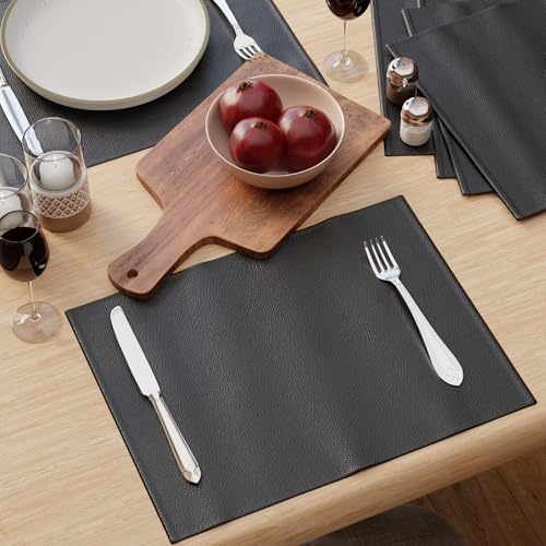 Image of Encasa XO Leather Dining Table Mats Set of 6 | Water Repellent & Heat Resistant Dining Table Mats | Washable & Easy to Clean Placemats for Kitchen Decor - 42x30 cm (Navy Blue)