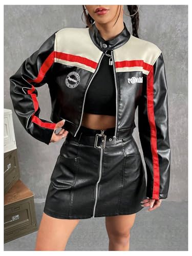 Verdusa Women's Motocycle Jacket Leather Jacket Zip Up Long Sleeve Crop Bomber Jackets3