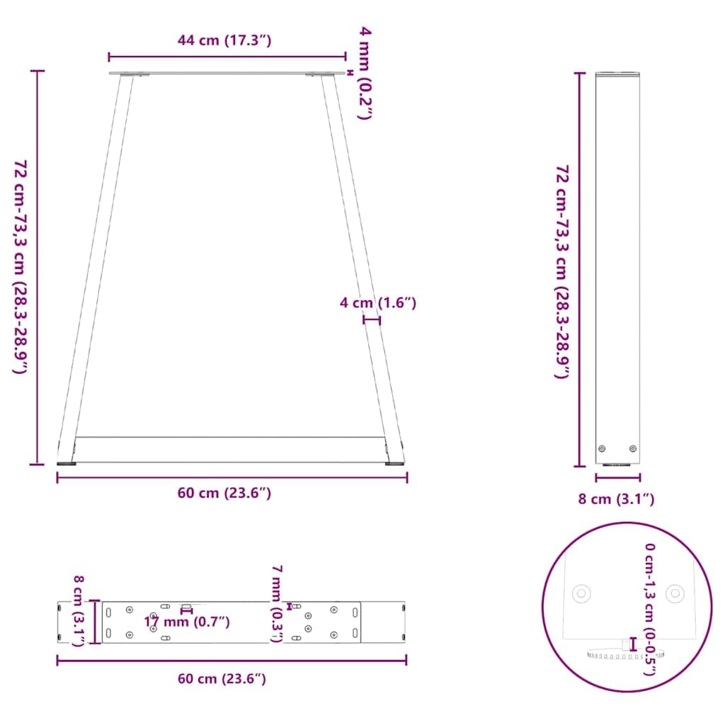 vidaXL Gambe per tavolo da pranzo a forma di V 2 pz nere 60x(72-73,3) cm in acciaio