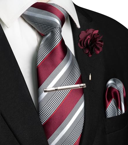 Image of JEMYGINS Mens Striped Tie and Lapel Pin Necktie Pocket Square and Tie Clip Sets for Business Casual 4PCS