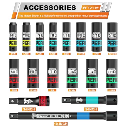 Image of 17 Piece 1 /2 inch Drive Impact Socket Set, 3 /8 inch - 1-1 /4 inch Deep Socket, Include 3 inch, 5 inch, 10 inch Extension Bars, SAE, 6-Point, CR-V Steel, Cars, Motorcycles, Loosen the Fastening Nut