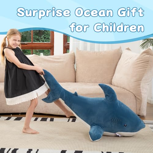 Image of MorisMos 51inch Giant Shark Stuffed Animal, Large Shark Plush Toy Pillow Gift for Kids, Girlfriend, Blue