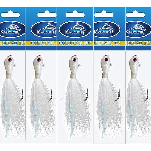 kmucutie 5 pcs bucktail Jigs Saltwater or Freshwater Bait,for bass flounder fluke Striper Fishing Lure (All White Color, 2 OZ)